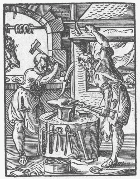 Figure from the book of classes by Jost Amman and Hans Sachs from 1568 that shows two smiths working.