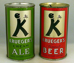 Two beer cans from 1935, Krueger’s Cream Ale (green) and Krueger’s Finest Beer (red)