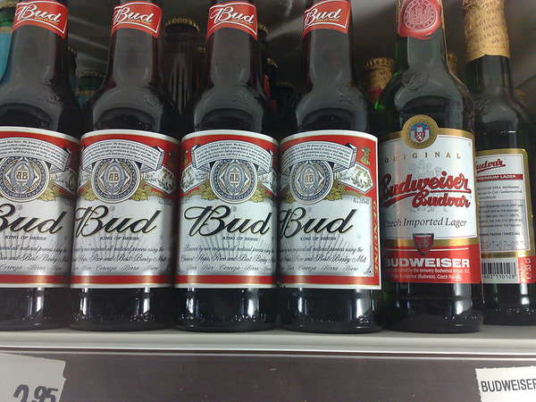 Photo of beer bottles, American Budweiser imprinted Bud and the Czech one imprinted Budweiser Budvar